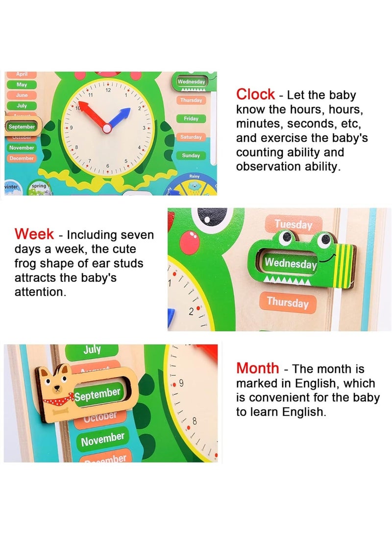 MOSH Montessori Wooden Toys Kids Clock Toy Unique Frog Shape Wooden Learning Toy for Toddlers 36 Month+ Year Olds Learn About Seasons Month Days of Week Time Educational Toys - Image 5
